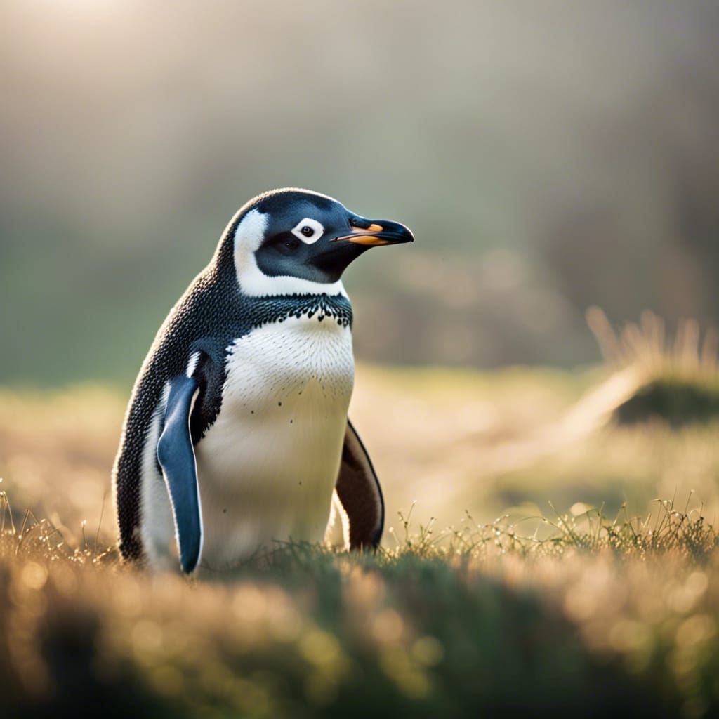 Penguin in Pasture with Morning Mist