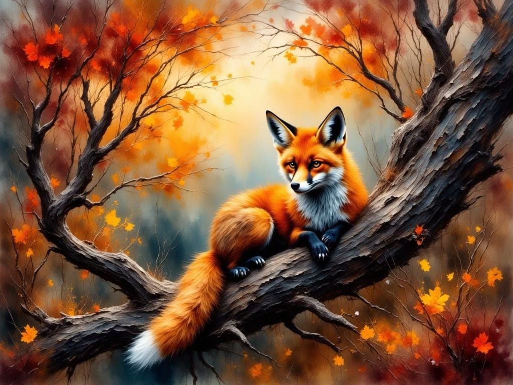 Ethereal Autumn Fox in Watercolor Oil Painting Style