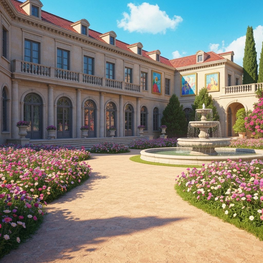 Luxurious Villa with Courtyard Fountain in Hockney Style