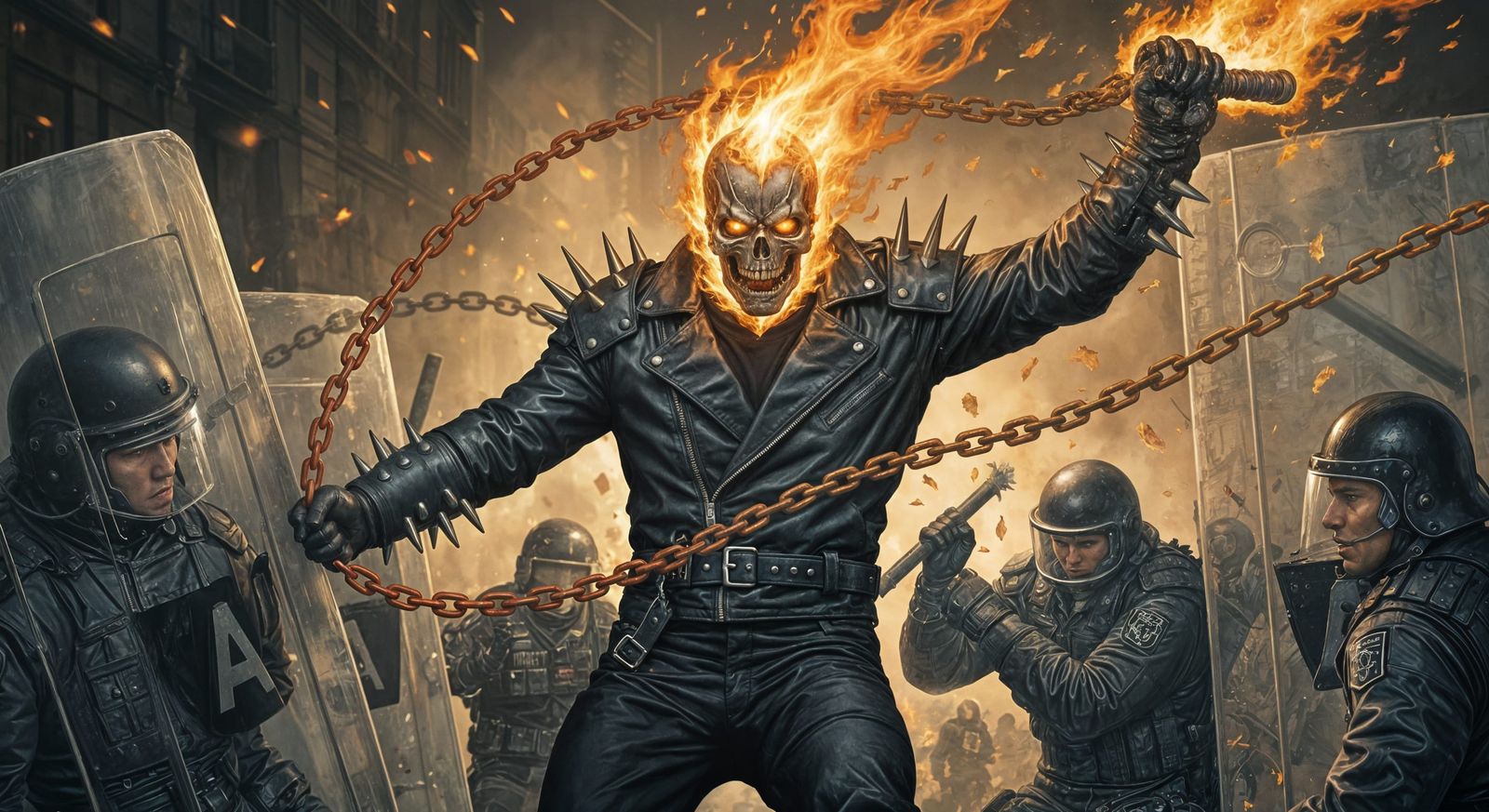 Ghost Rider Flaming Chain Riot Police Fight