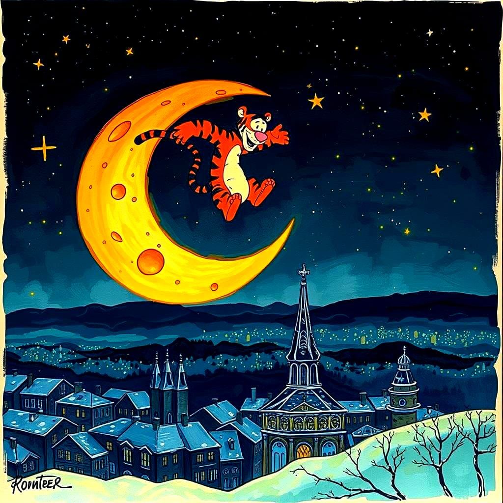 Tigger's Moonlit Bounce: A Detailed Scribble Art Illustratio...