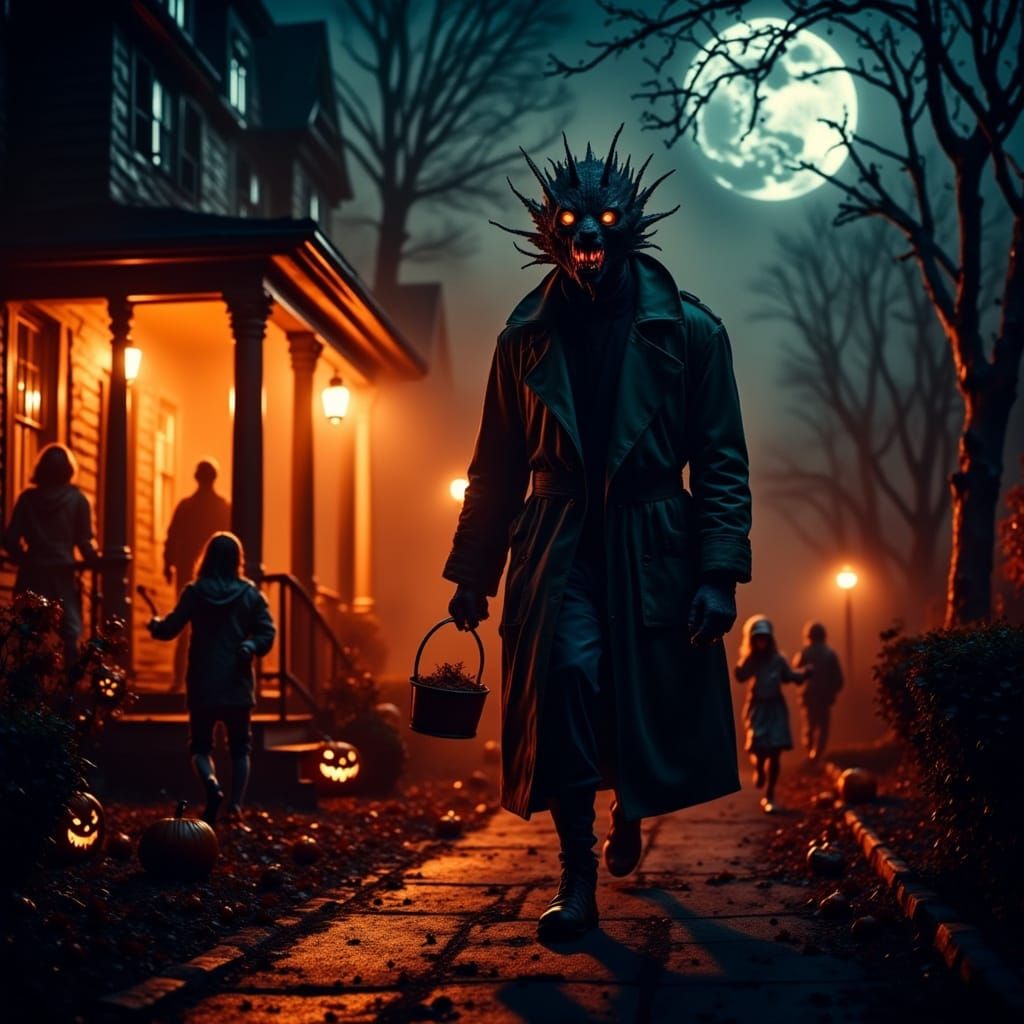 A haunting Halloween night scene in a quiet suburban town ba...