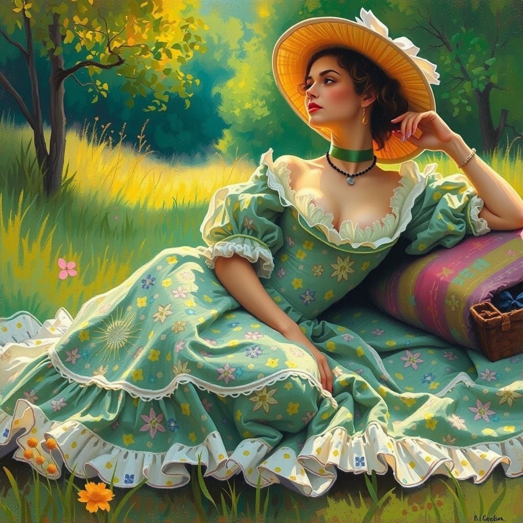 Woman in a Lush Meadow Scene in Impressionist Style