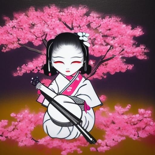 Geisha Chibi Graffiti Art with Shamisen on Sakura Tree