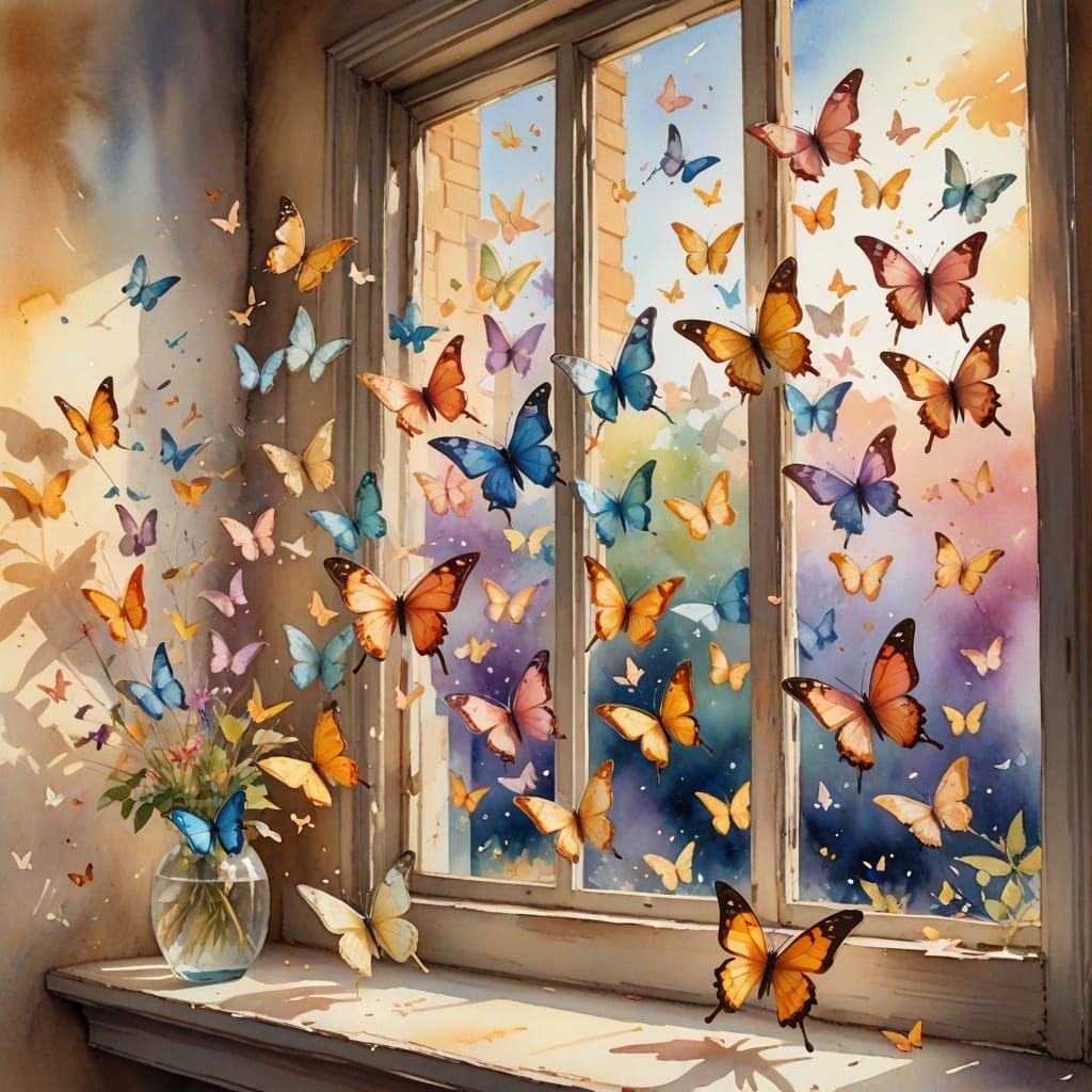 Colorful Butterflies Emerge from a Sunny Window in Whimsical...