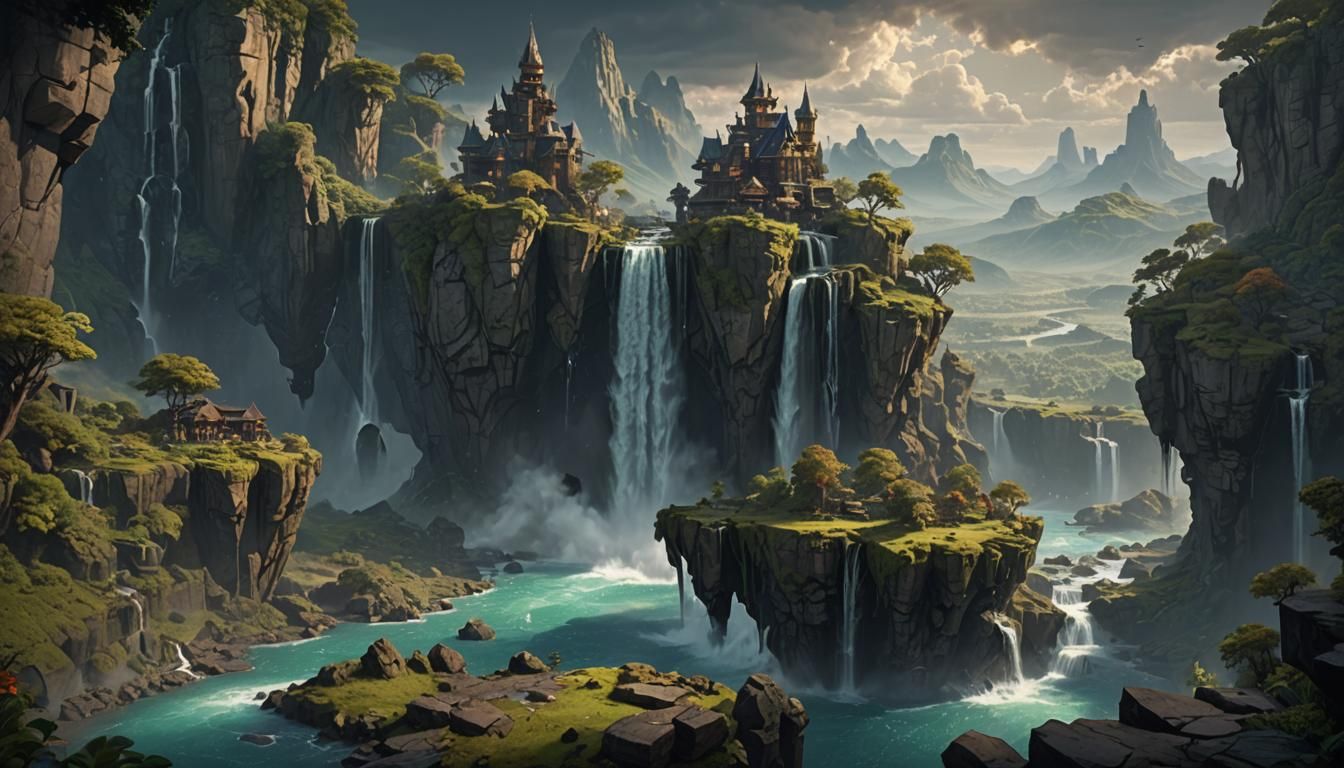 Cliffside Waterfalls and Floating Islands in Dark Fantasy St...