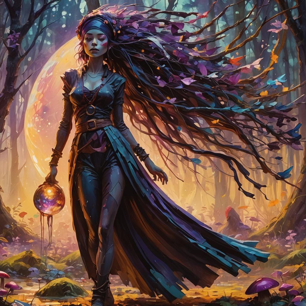 Mystical Gnome Girl in Abstract Expressionist Forest