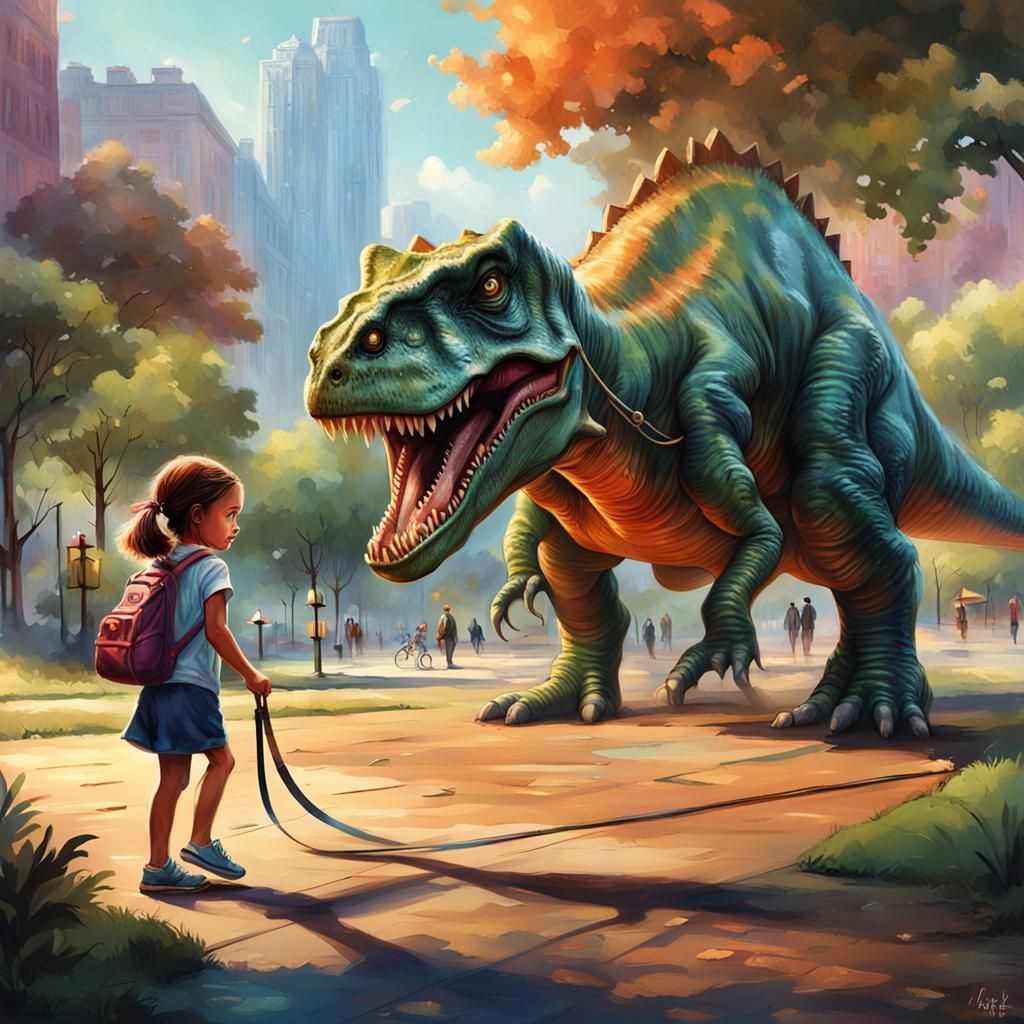 Girl Walks Dinosaur in City Park, Hyperrealistic Style
