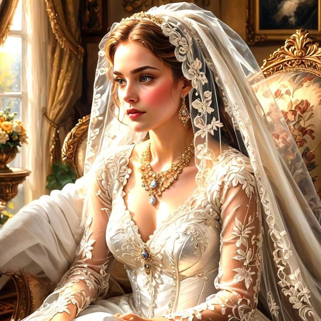 Beautiful Woman in Wedding Dress, Oil Painting