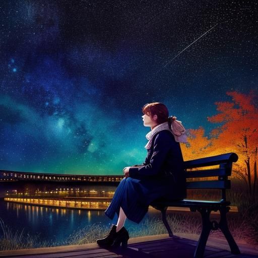 Girl Stargazing in Dreamy Watercolor Landscape