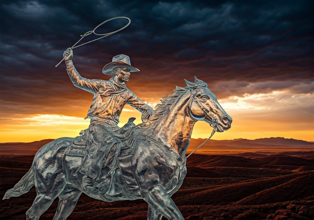 Cowboy Cattle Drive: Glass Sculpture in Western Landscape