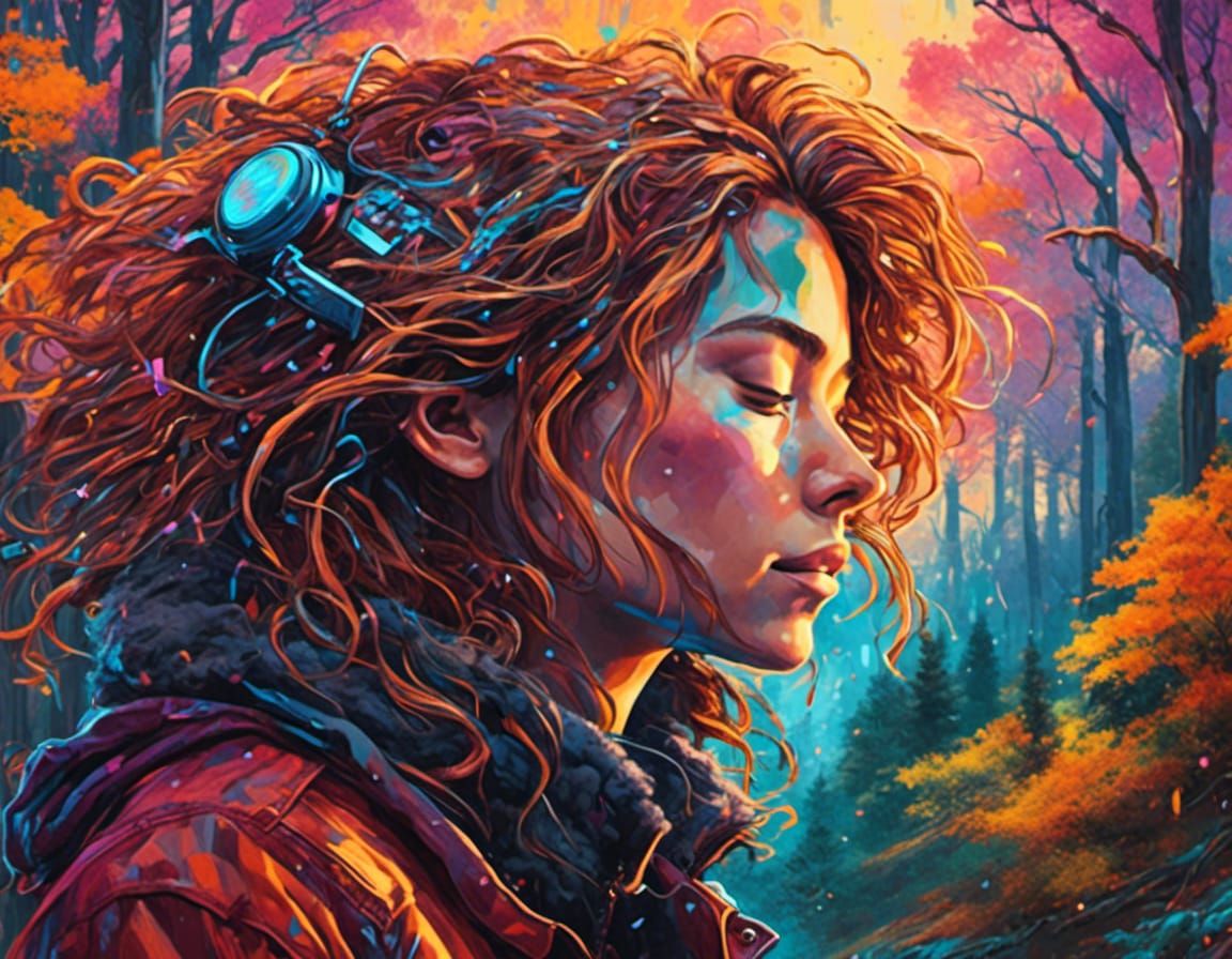 Expressive Graffiti Art Portrait in Autumn Forest