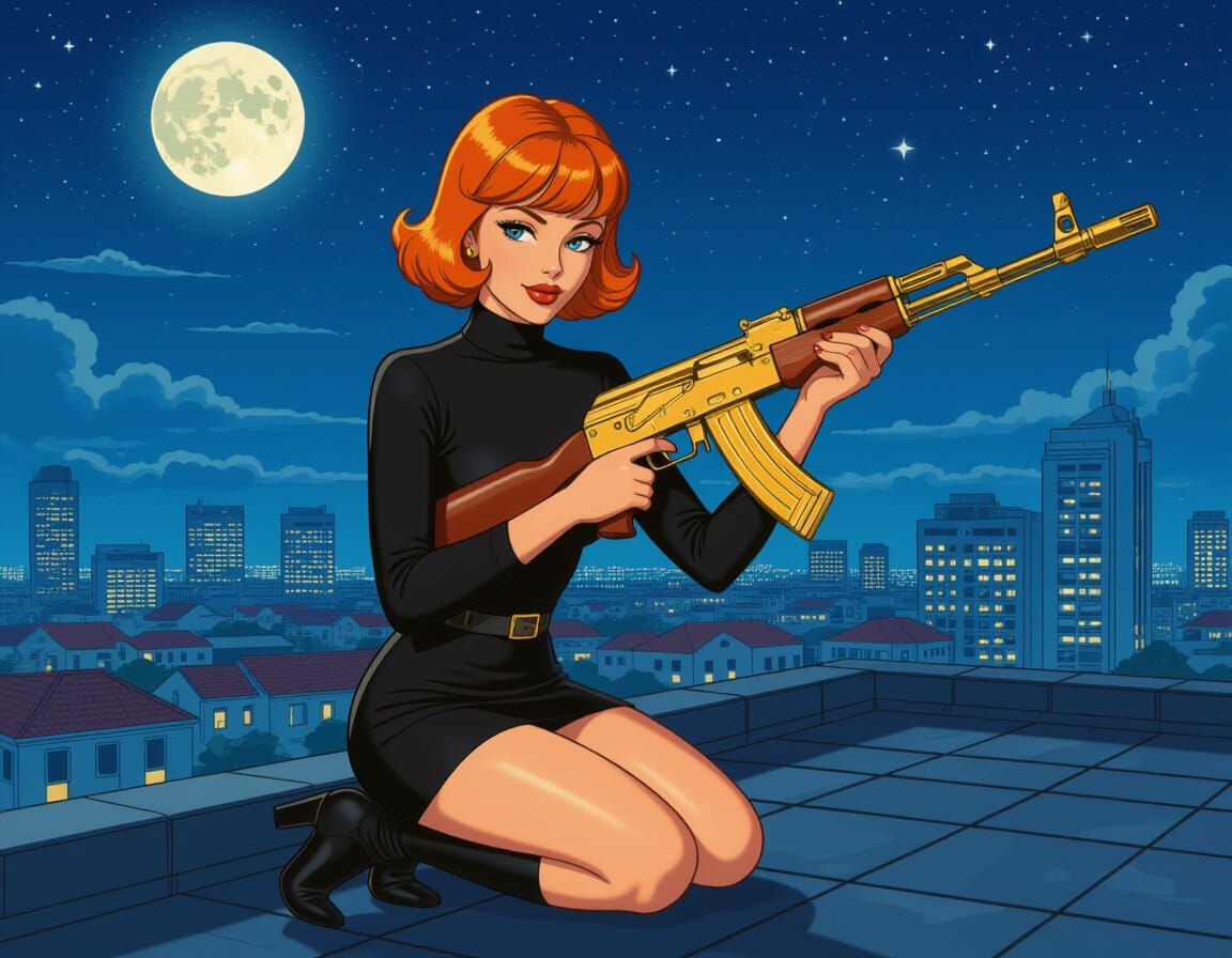 Woman with Golden Rifle in Comic Book Art Style