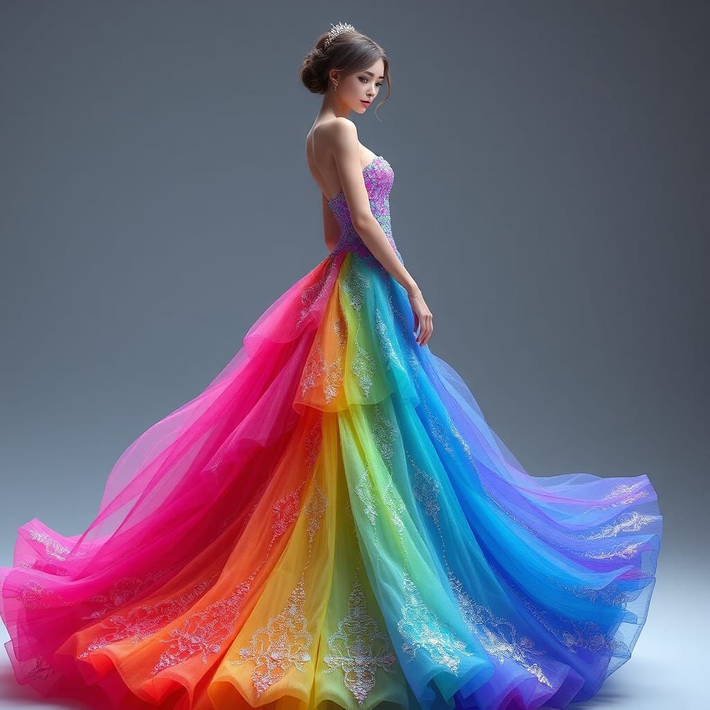 Rainbow Evening Gown on Model, Anime-Inspired 3D Art