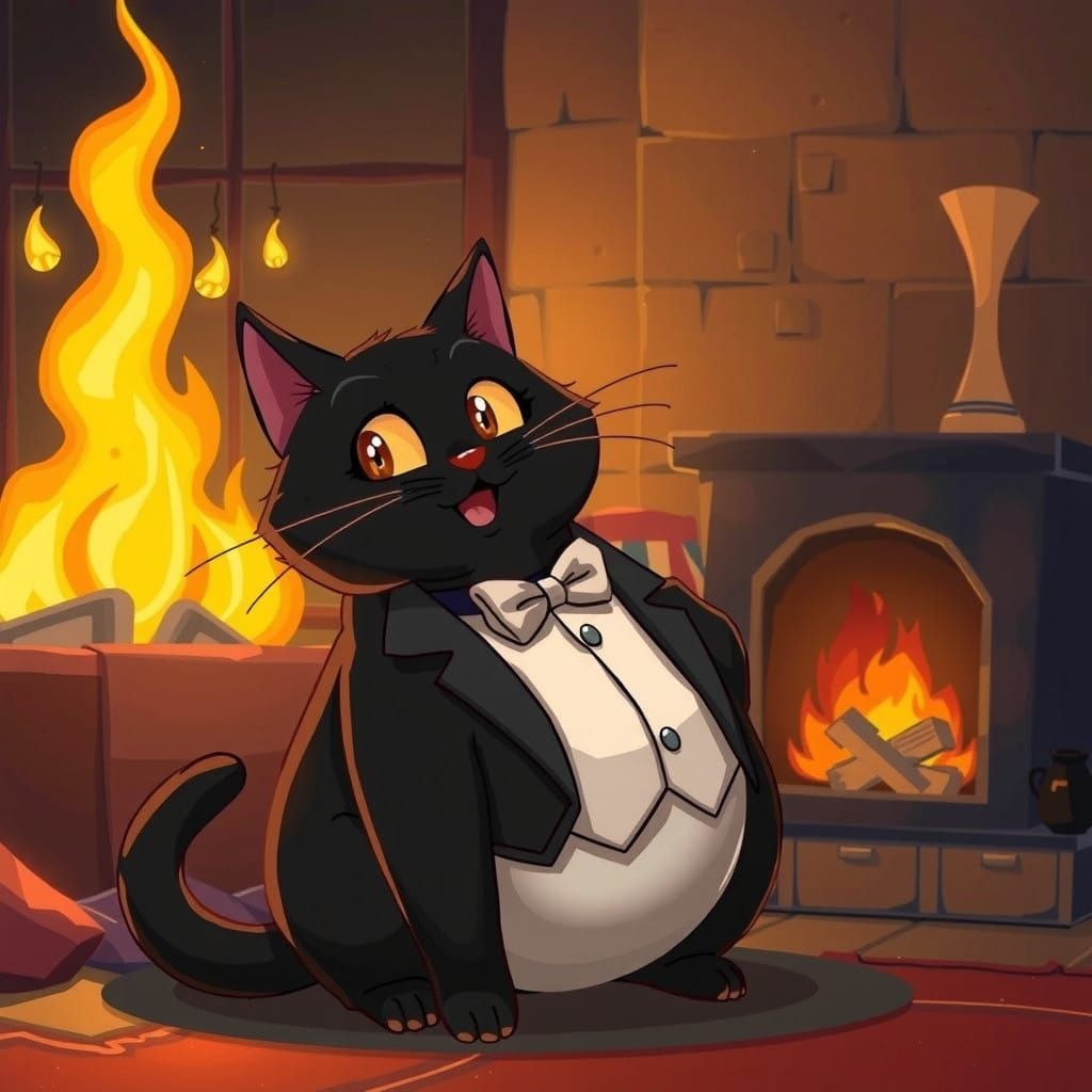 A Whimsical Cartoon Scene of a Tuxedoed Cat by the Fire