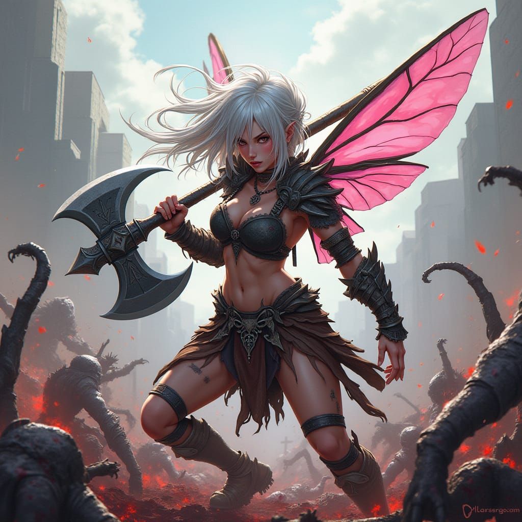 Majestic Fairy Barbarian Wields Greataxe in Bloody Battle