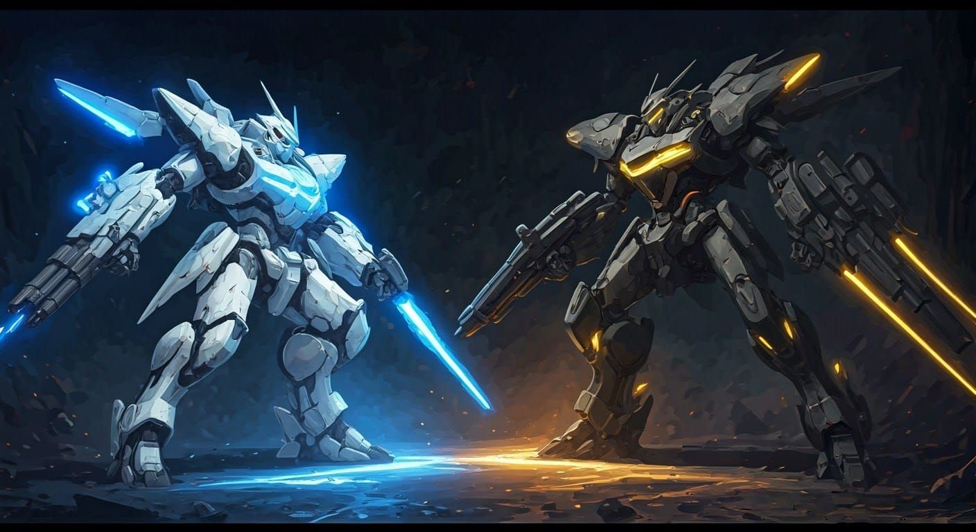 Cyberpunk Mecha Clash in Neon Lights