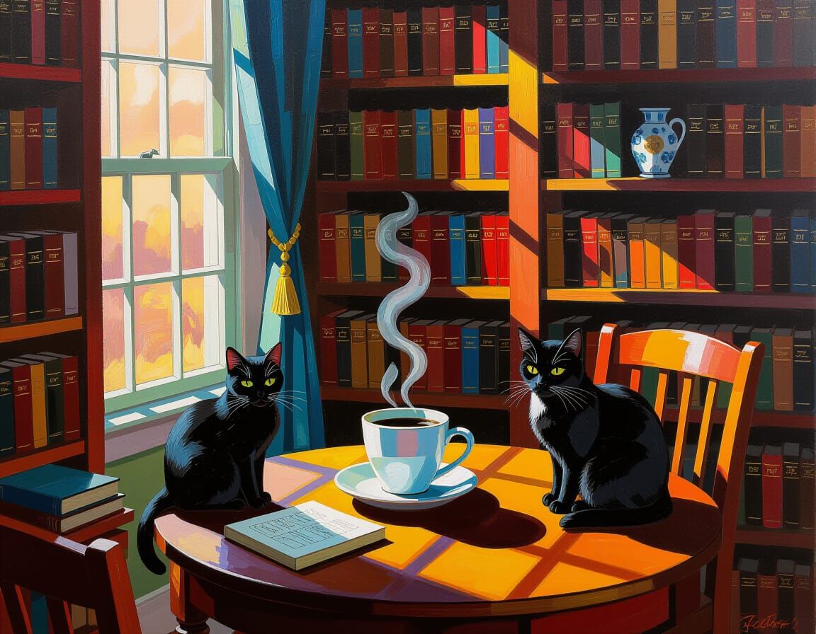 Abstract Expressionist Room with Black Cat and Coffee