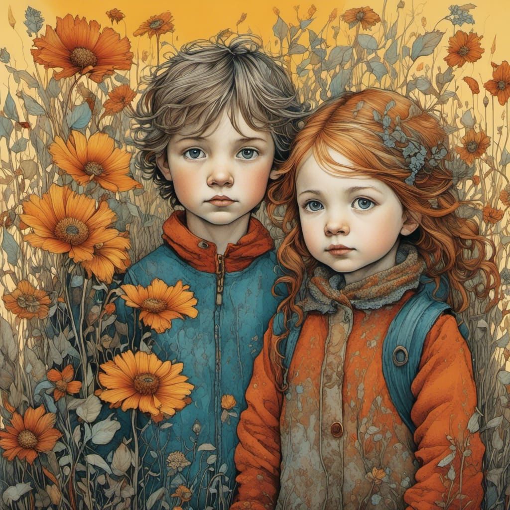 Toddler Siblings with Autumn Wildflowers: Storybook Illustra...