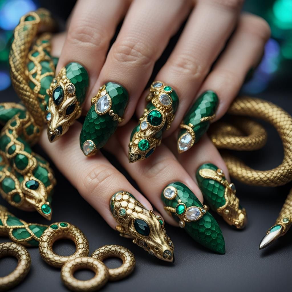 Luxurious Gold and Green Snake Nail Art
