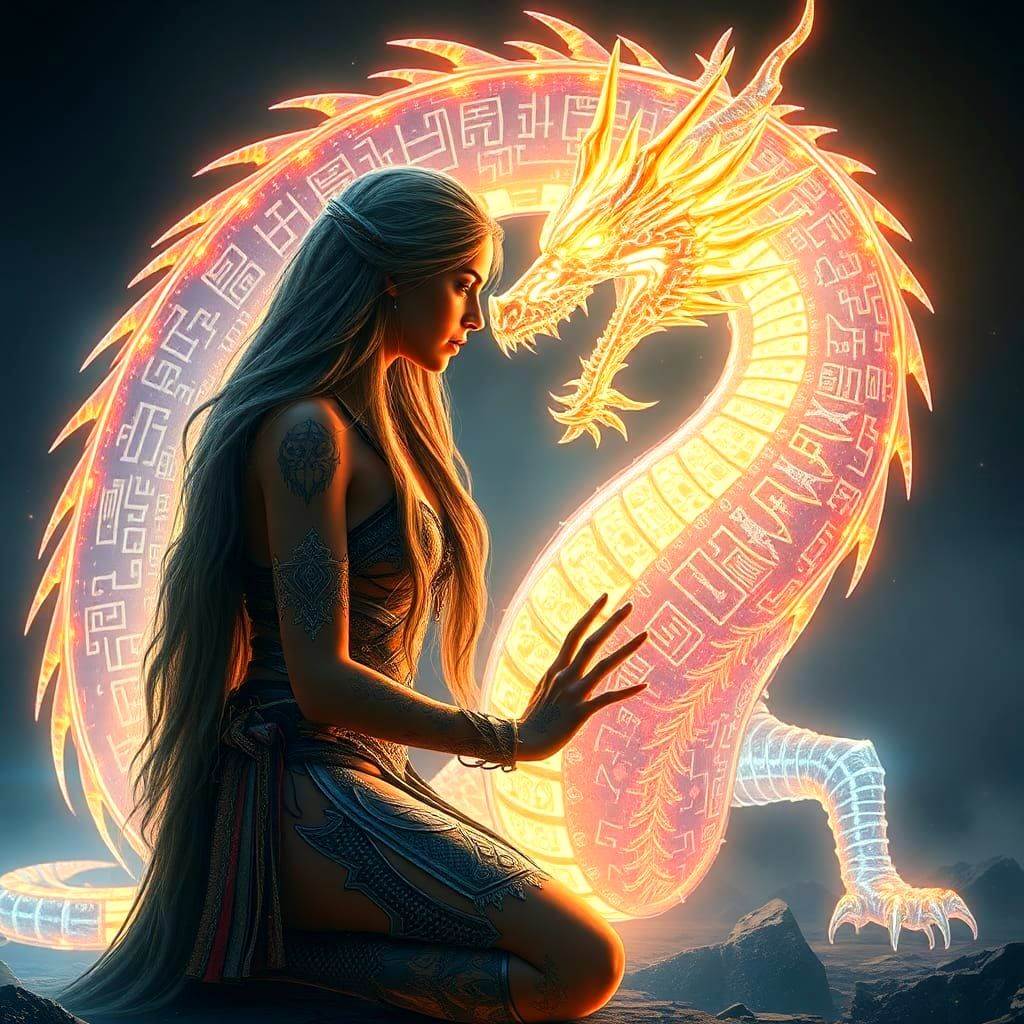 Warrior and Prismatic Dragon Portrait in Ethereal Light