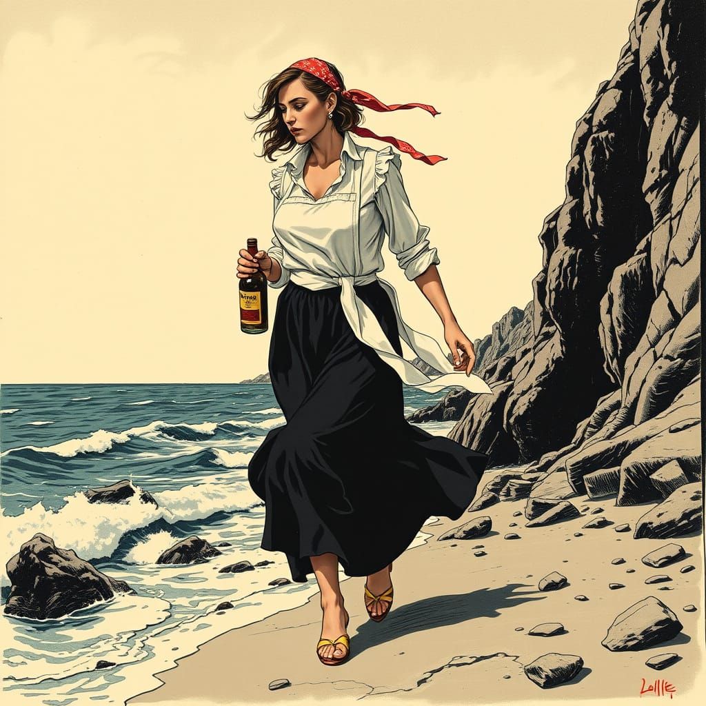Woman with Whiskey Bottle in Woodcut Style