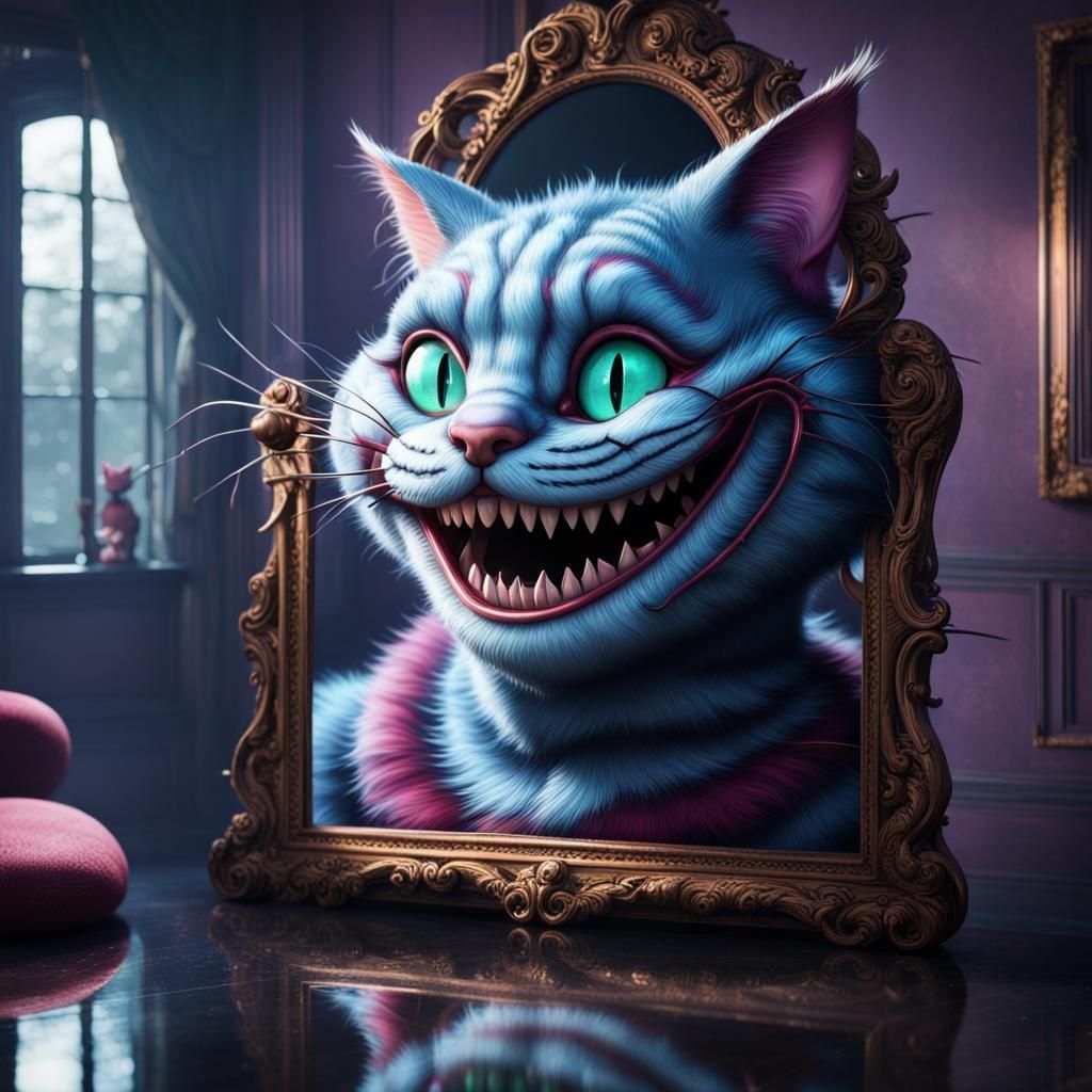 Fantastical Cheshire Cat Grinning in Reflected Mirror