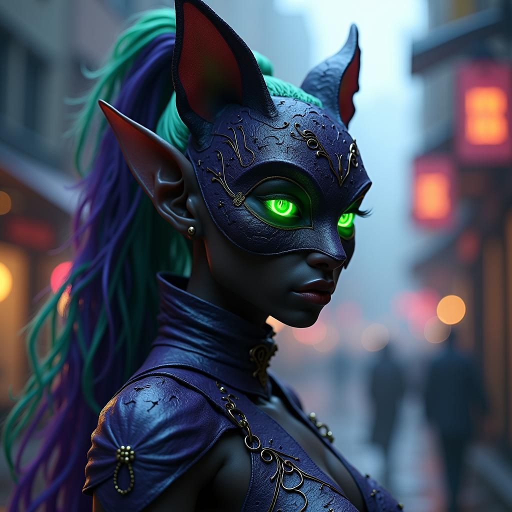 Black Elf with Cheshire Cat Mask in Urban Setting
