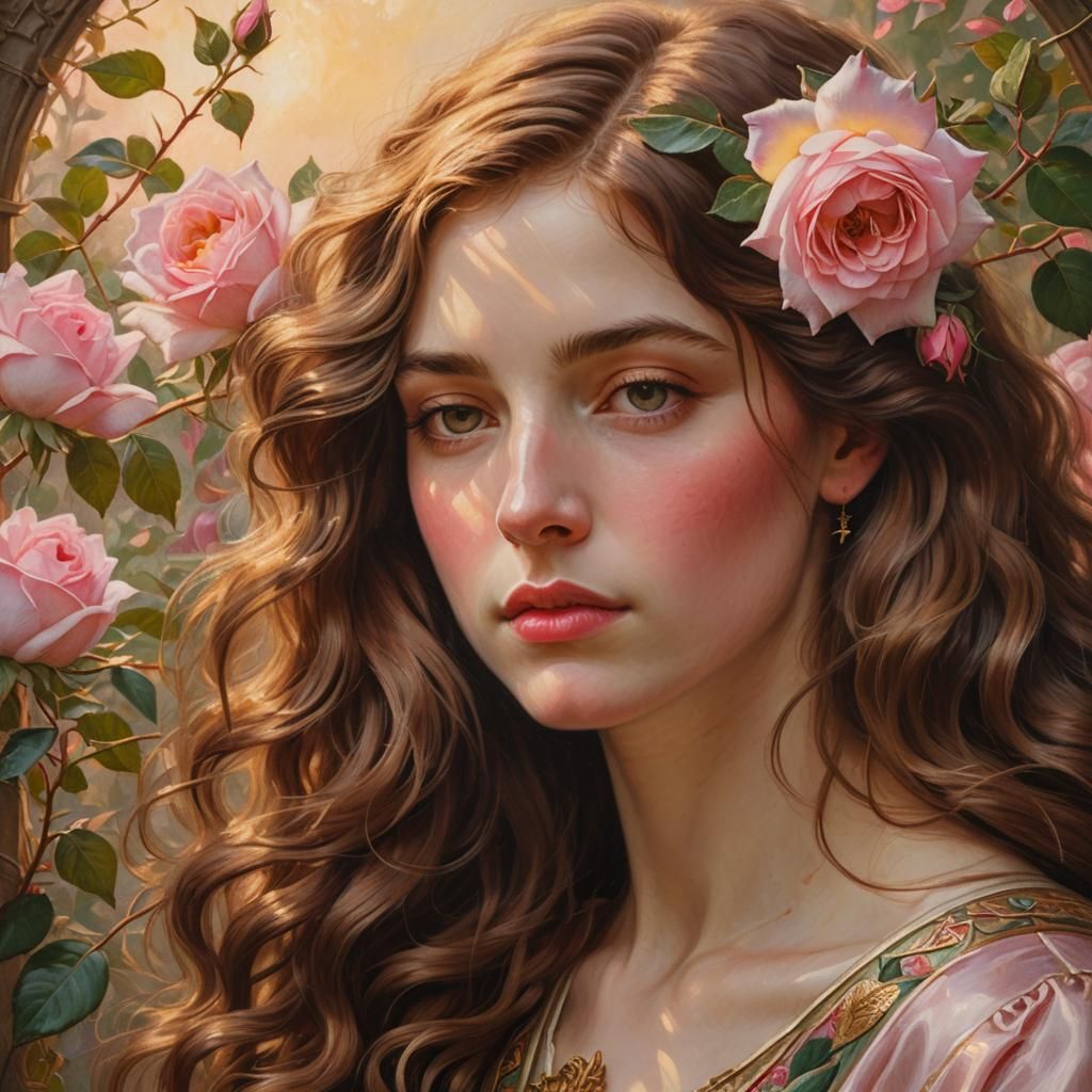 Woman Smelling Rose in Pre-Raphaelite Style