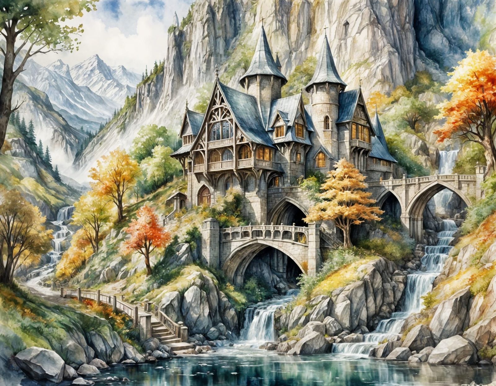 Rivendell Fairytale Watercolor Painting in HDR