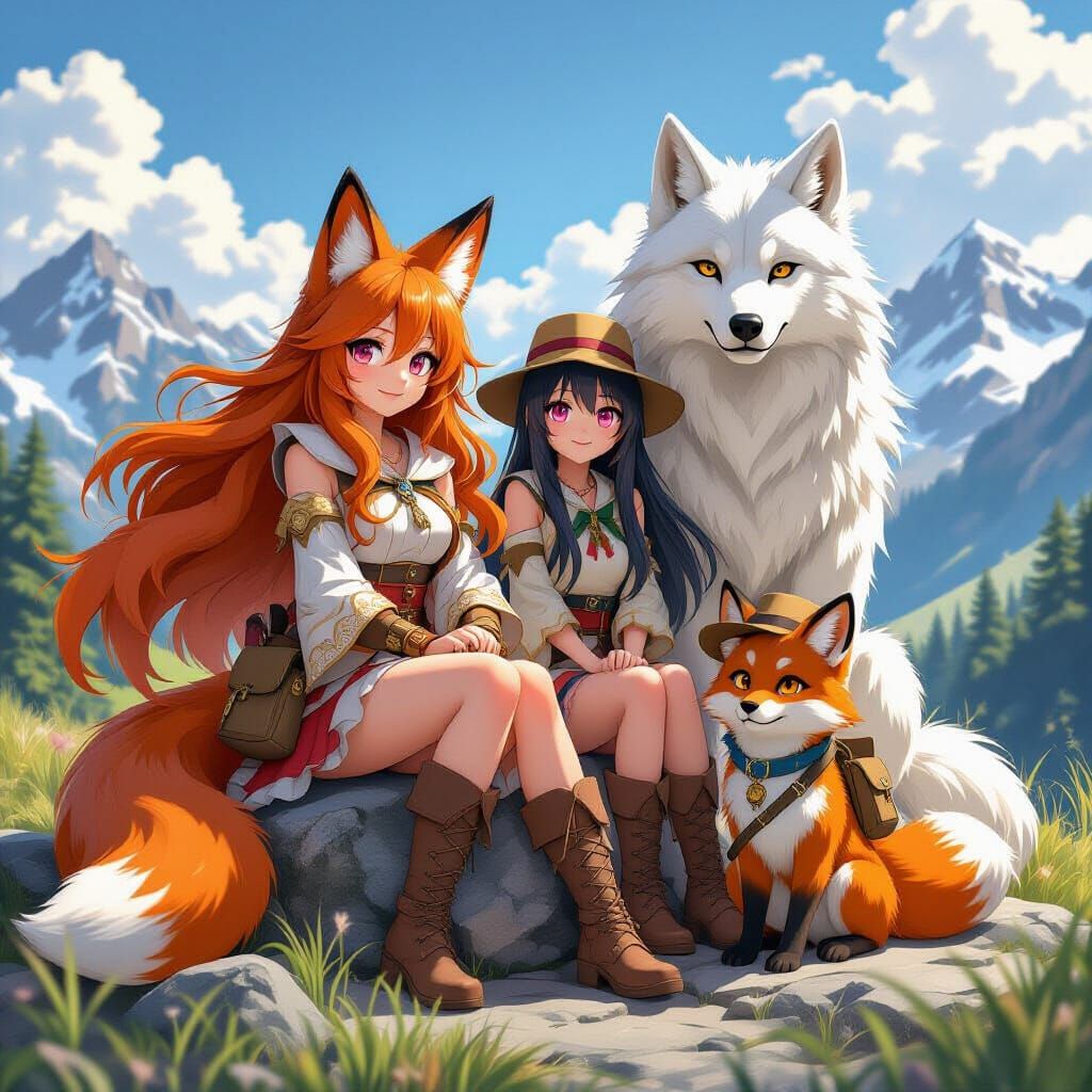 Anime Fox Girl and Friend on Mountain Hike