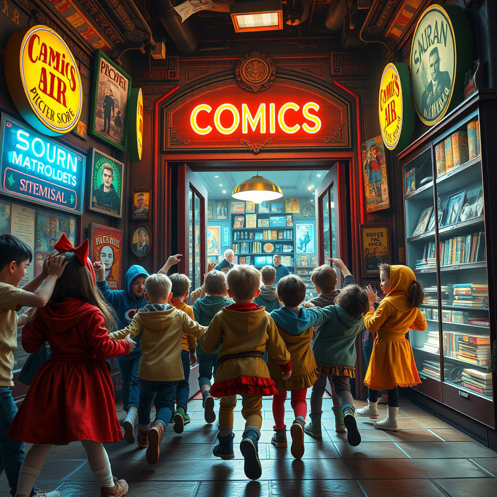 Comic Store Rush: A Vibrant Matte Painting