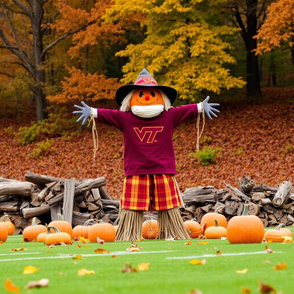 Virginia Tech Gameday Autumn Scene with Pumpkin and Scarecro...