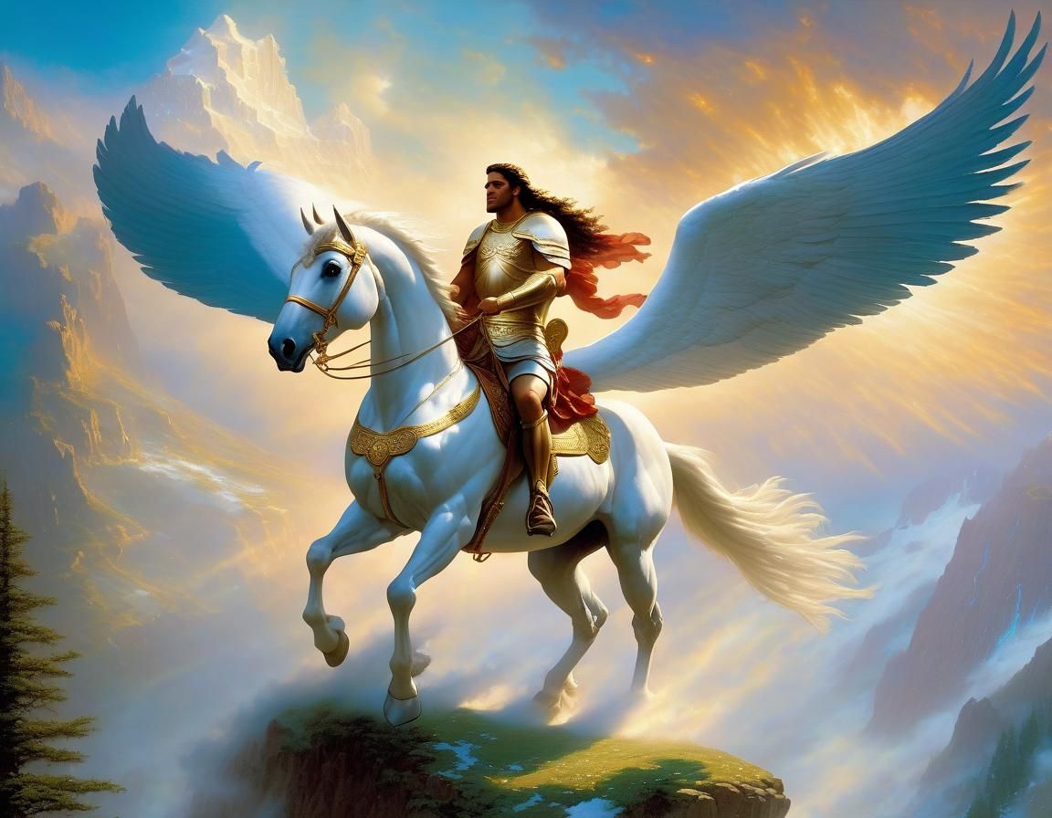 Bellerophon riding Pegasus to Mount Olympus