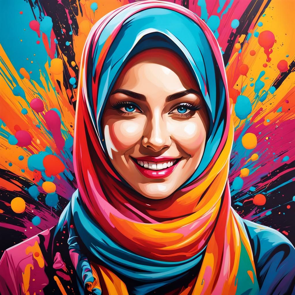 Beautiful Woman with Hijab in Graffiti Art Style