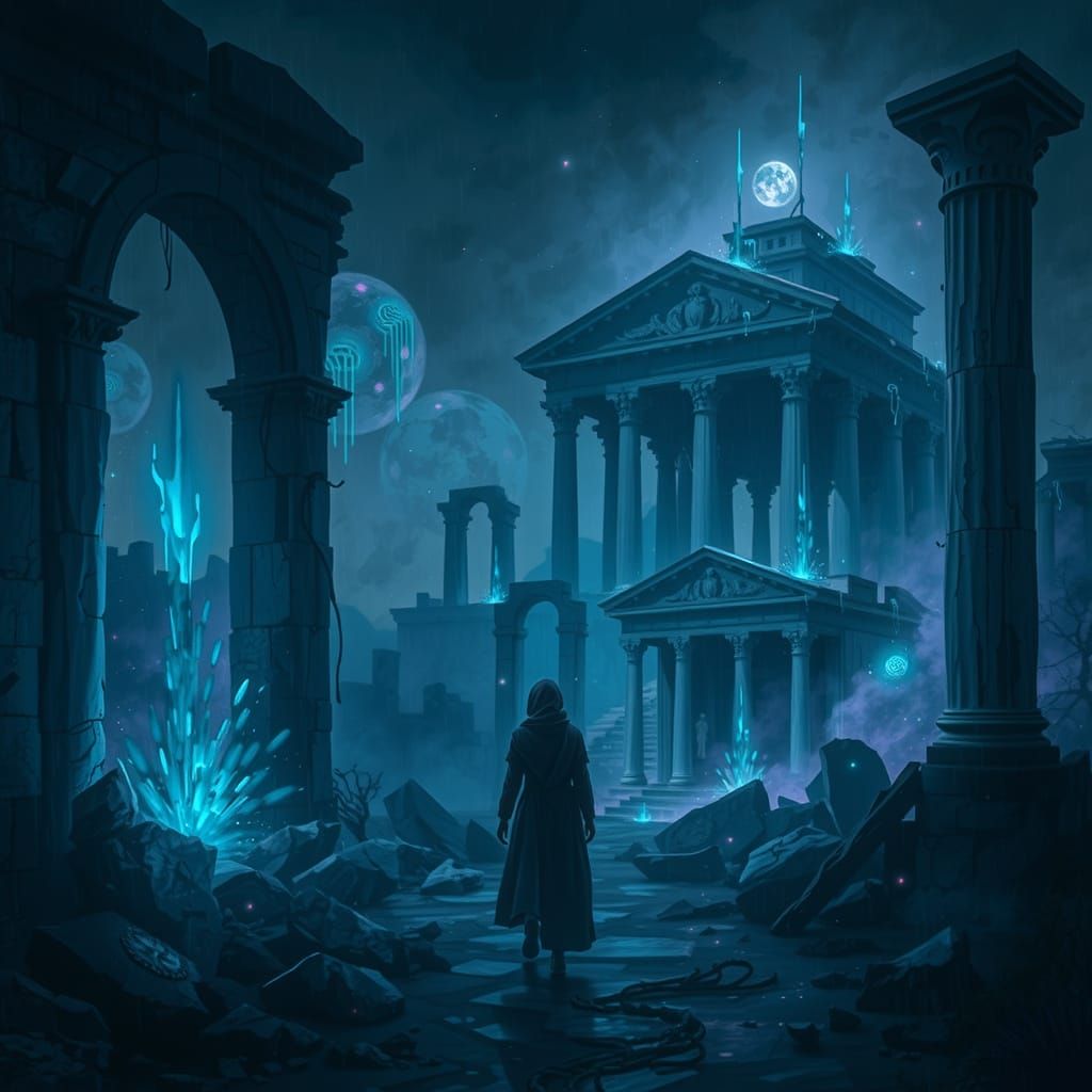 Cyberpunk Ruins Emerge from Neon Haze