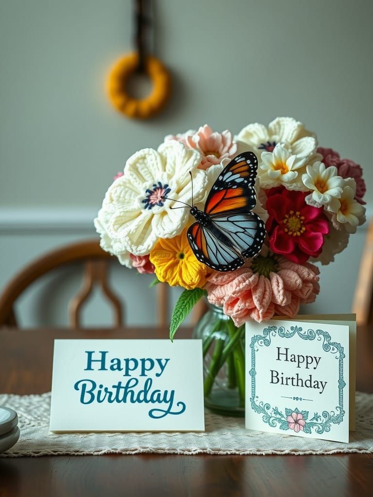 Butterfly on Crocheted Flowers: Vintage Photograph