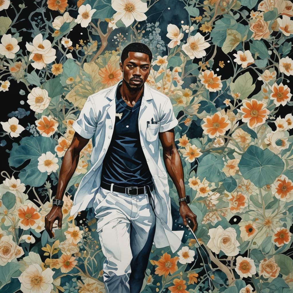 Male Nurse Running Through Obsidian Hospital, Watercolor Sty...