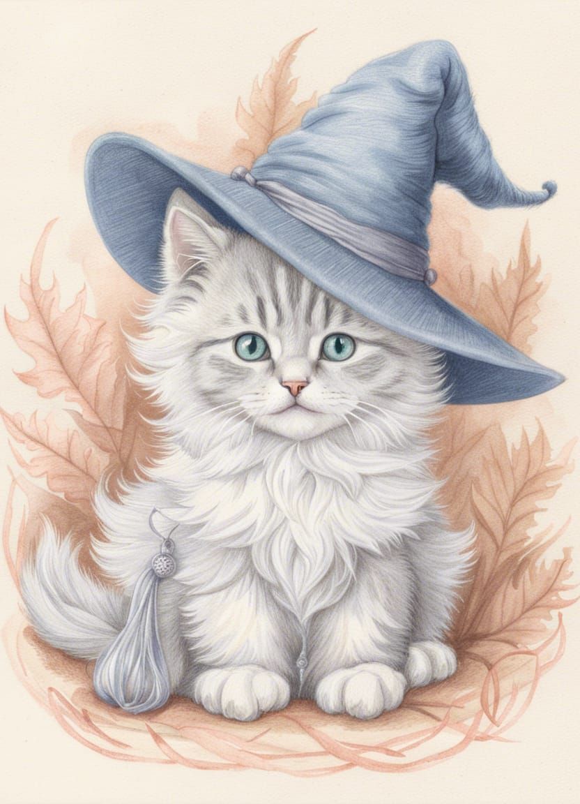 Anthropomorphic Kitten Witch in Silverpoint Style