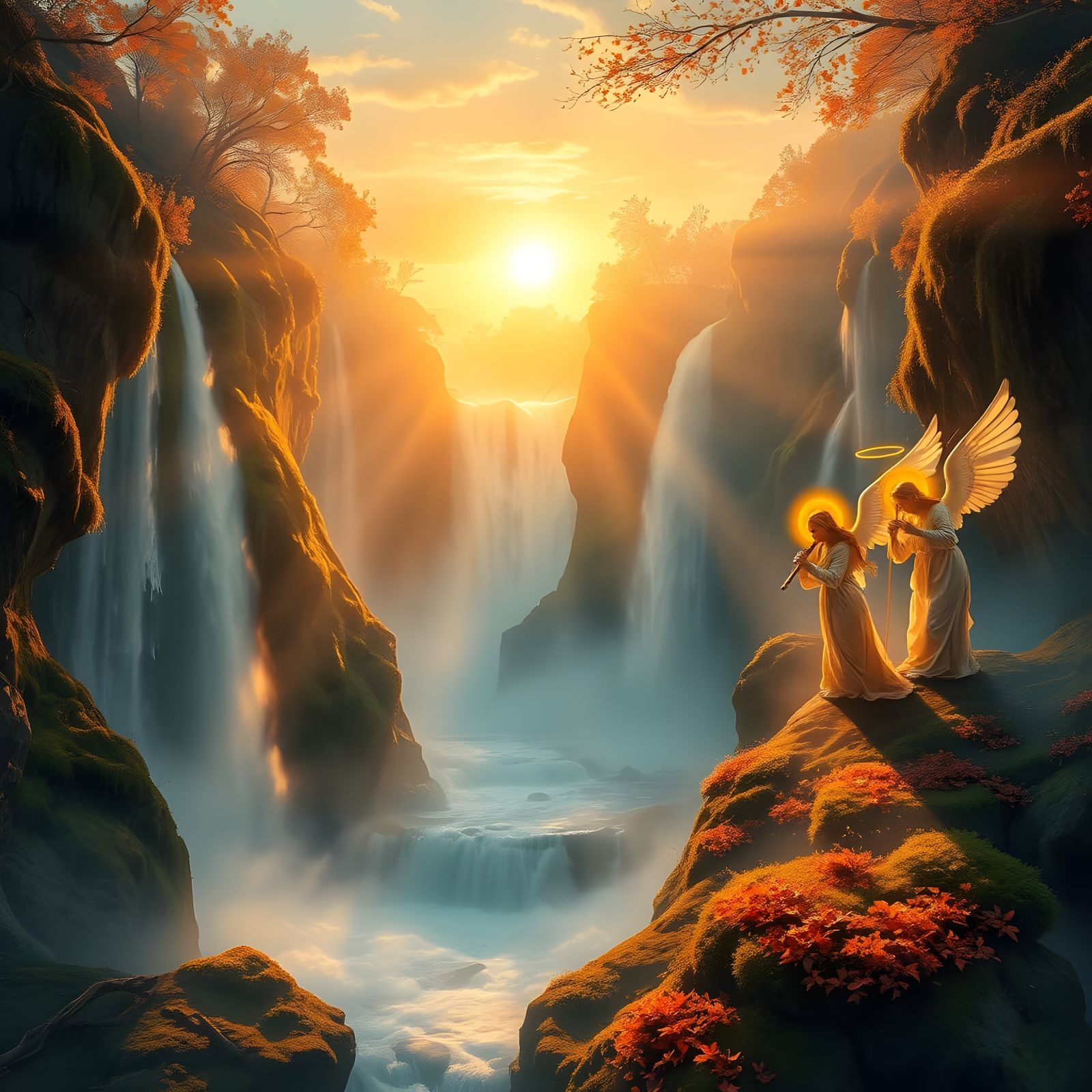 Angels Play Music by Autumn Waterfalls in Golden Sunset Ligh...
