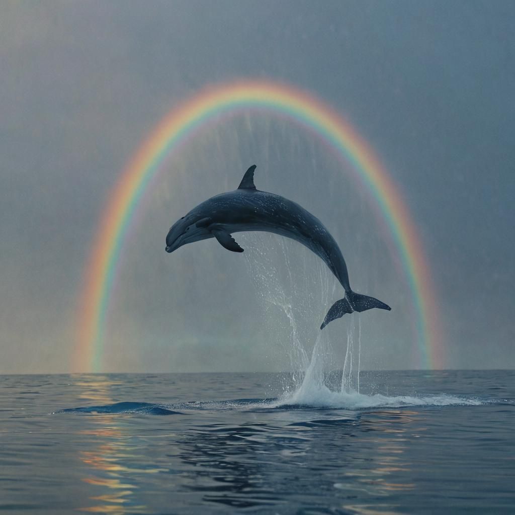 Whale and Dolphin Fantasy Under Rainbow