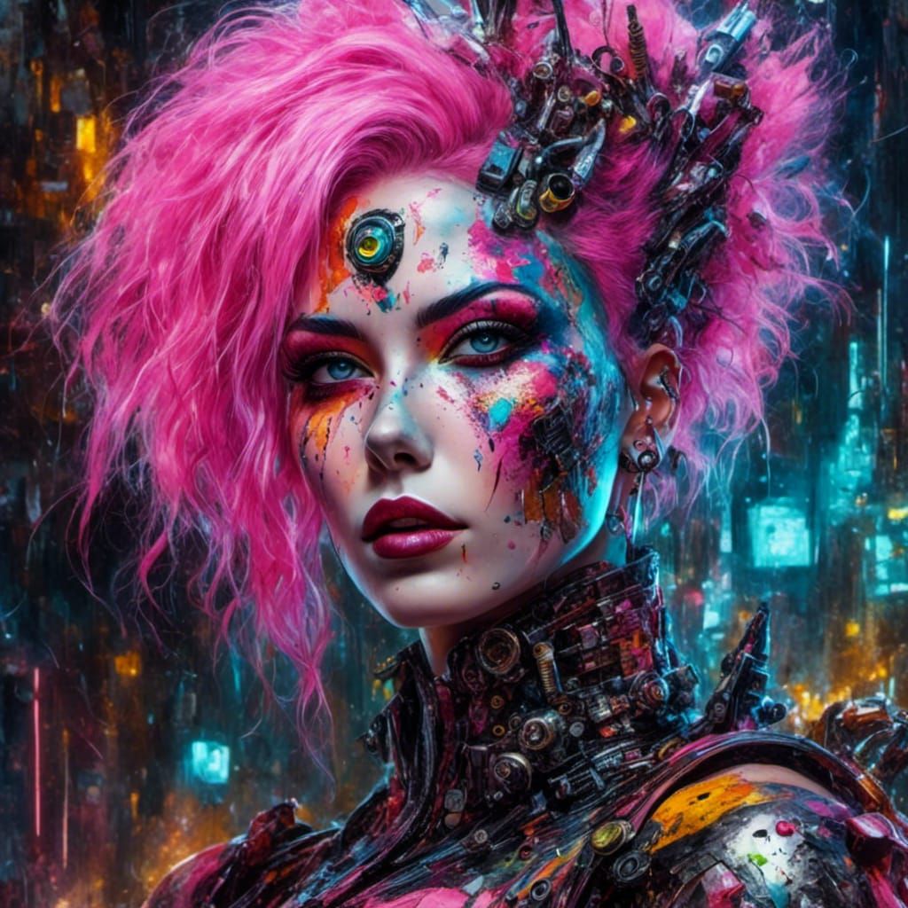 Neon Cyborg Clown Vampire in Mixed Media Collage