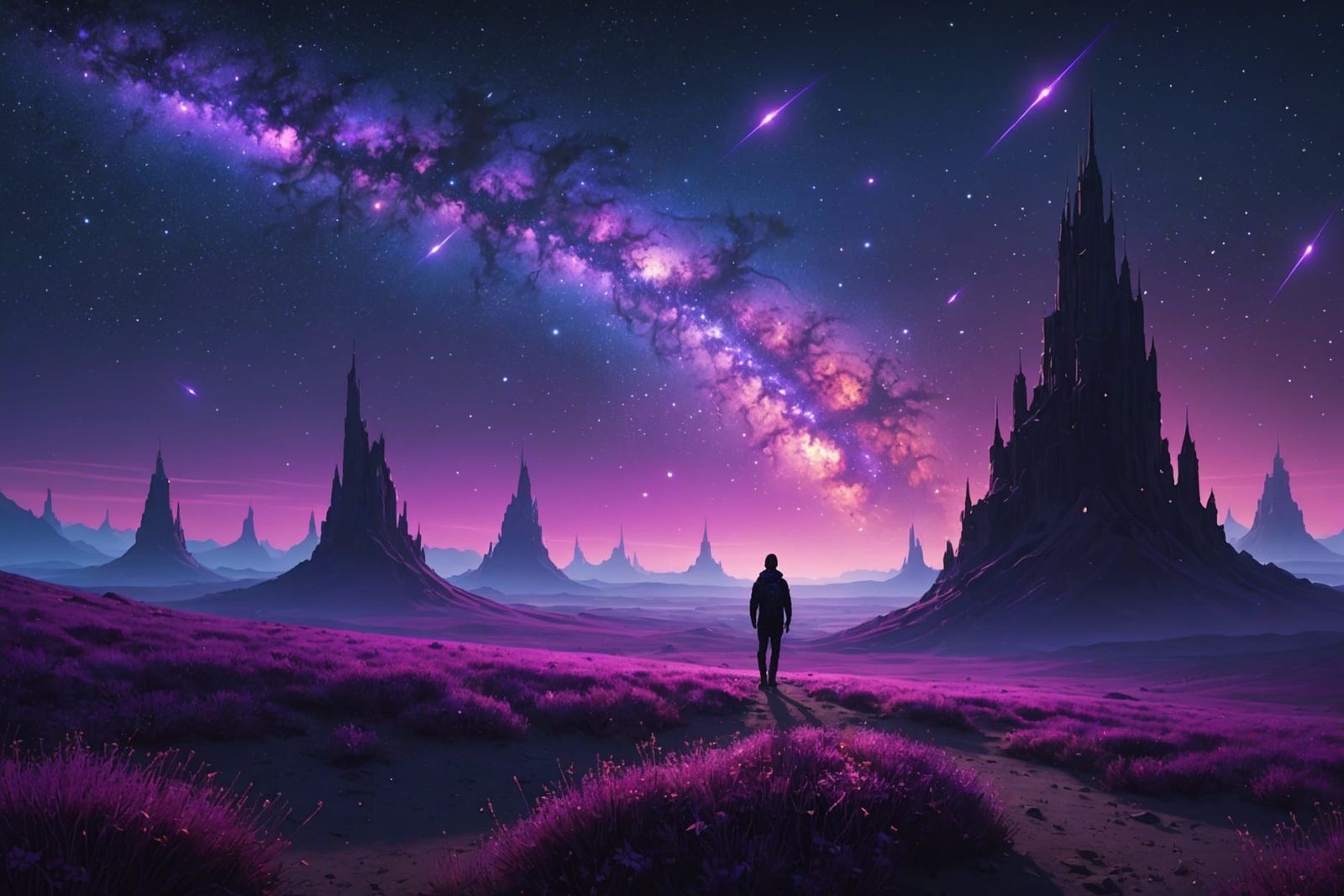 Surreal Purple Galaxy Landscape with Neon Stars