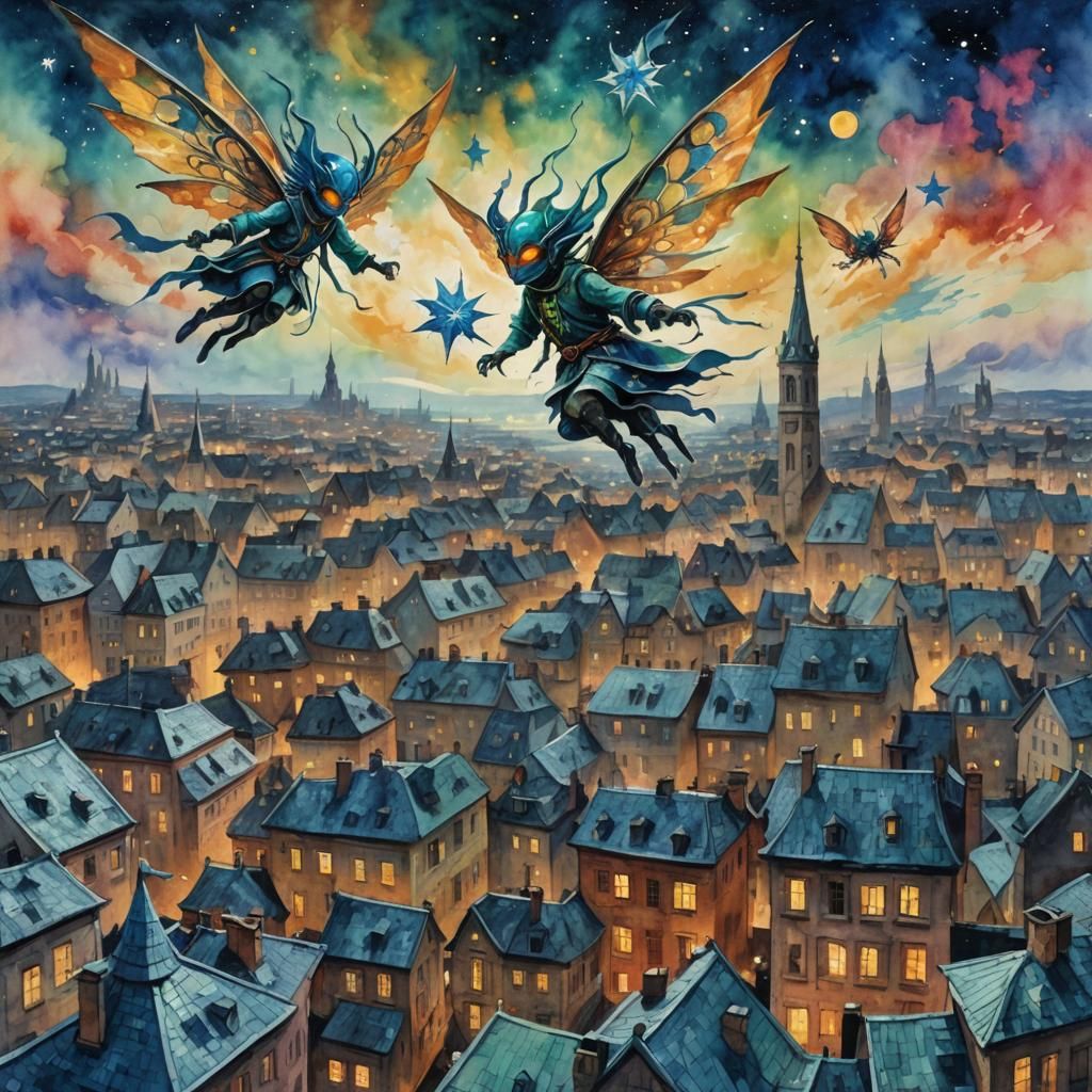Ocean Fairies Fly Over City in Gouache Style