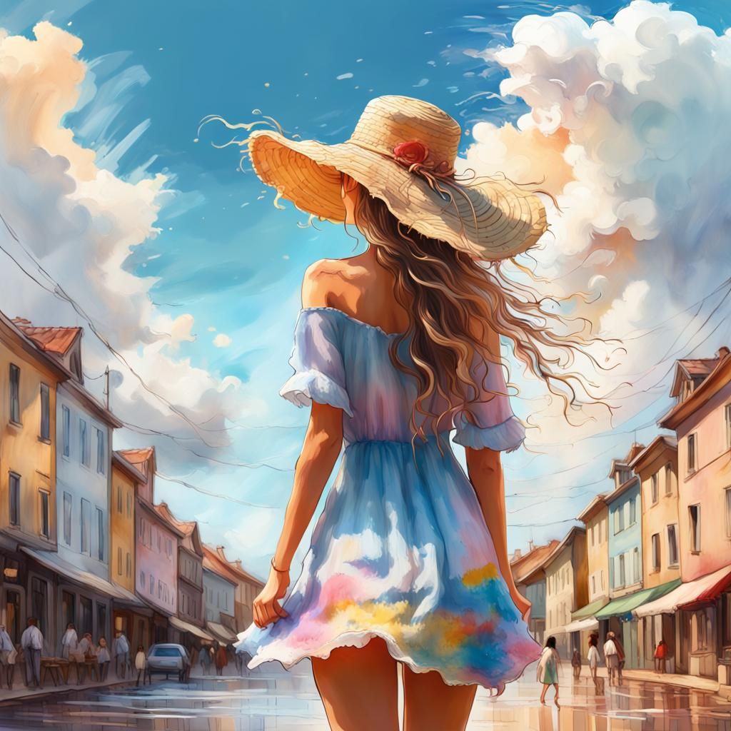 Woman Overlooking City at Sunset: Luminist Digital Art