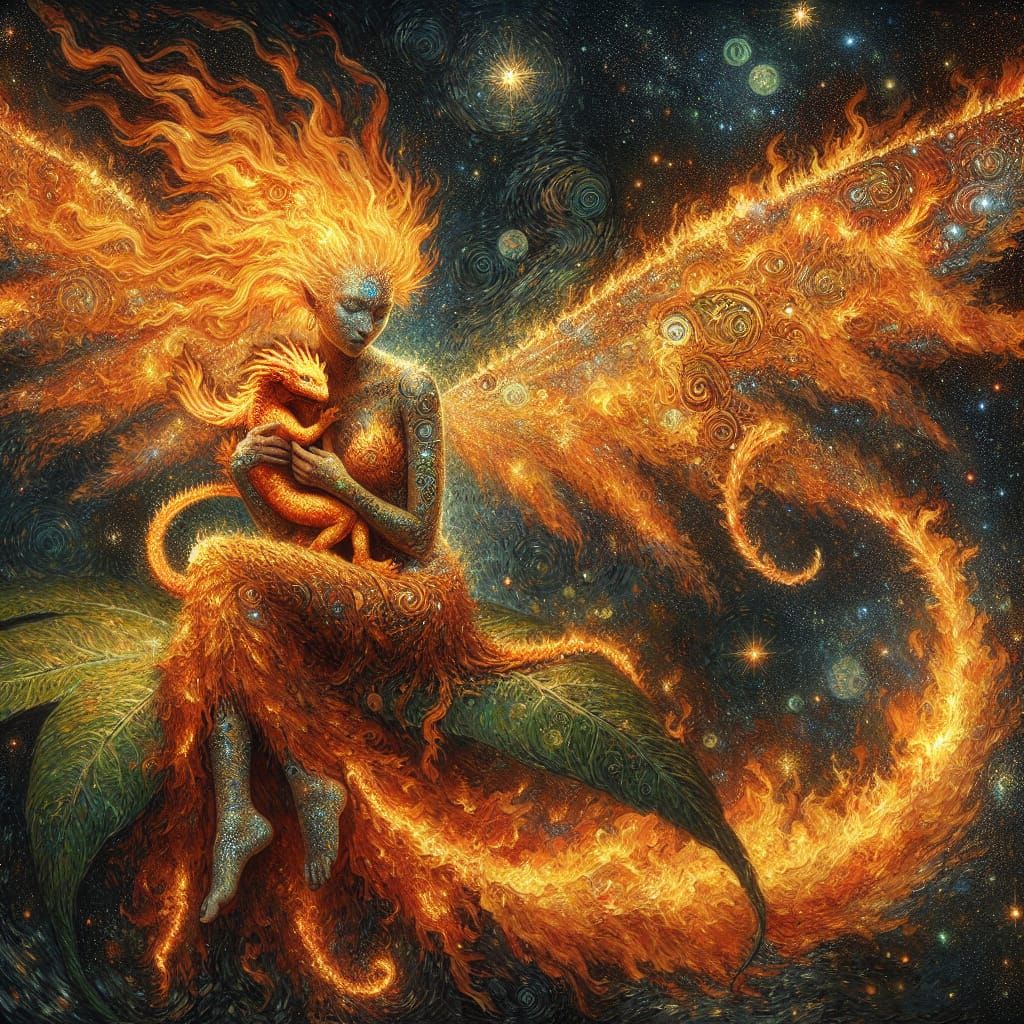 Fiery Fairy with Dragon, Van Gogh Style Oil Painting