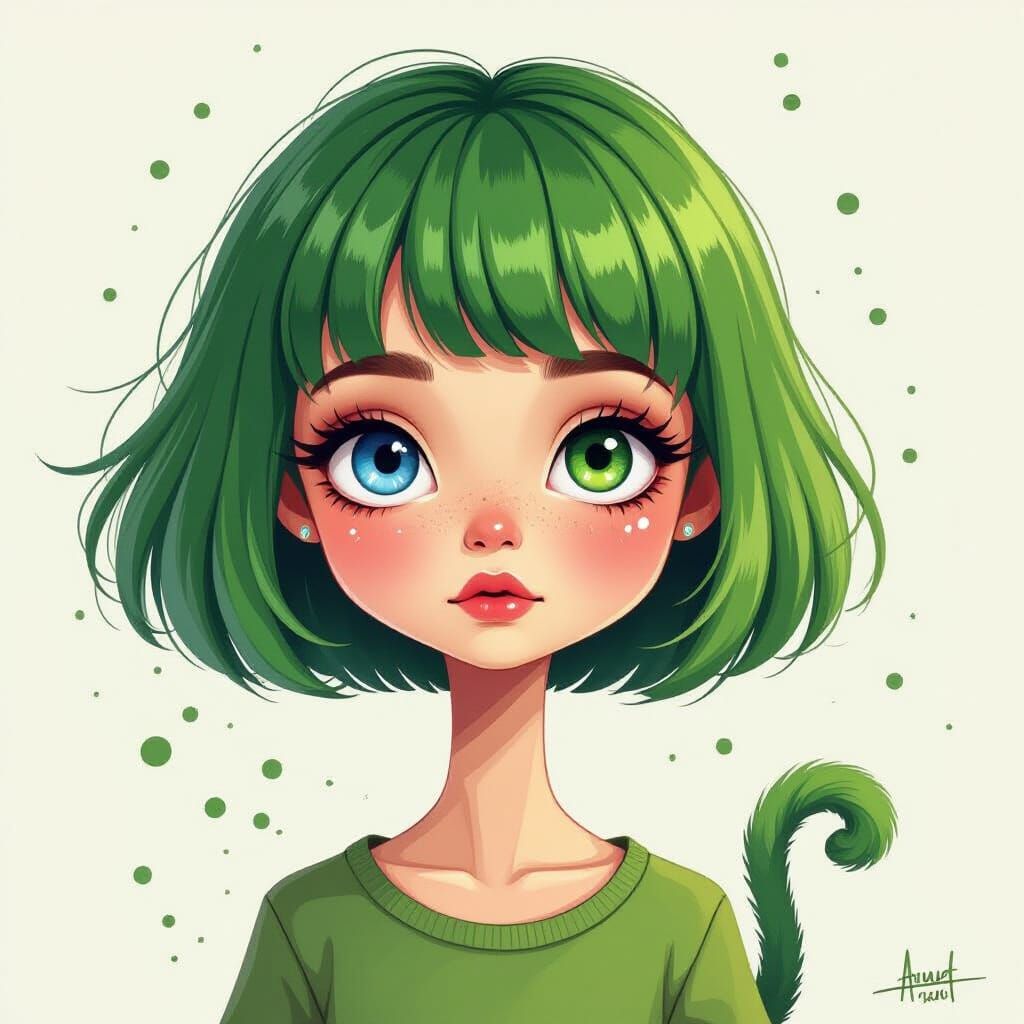 Expressive Portrait of Girl with Grassy Hair and Exaggerated...