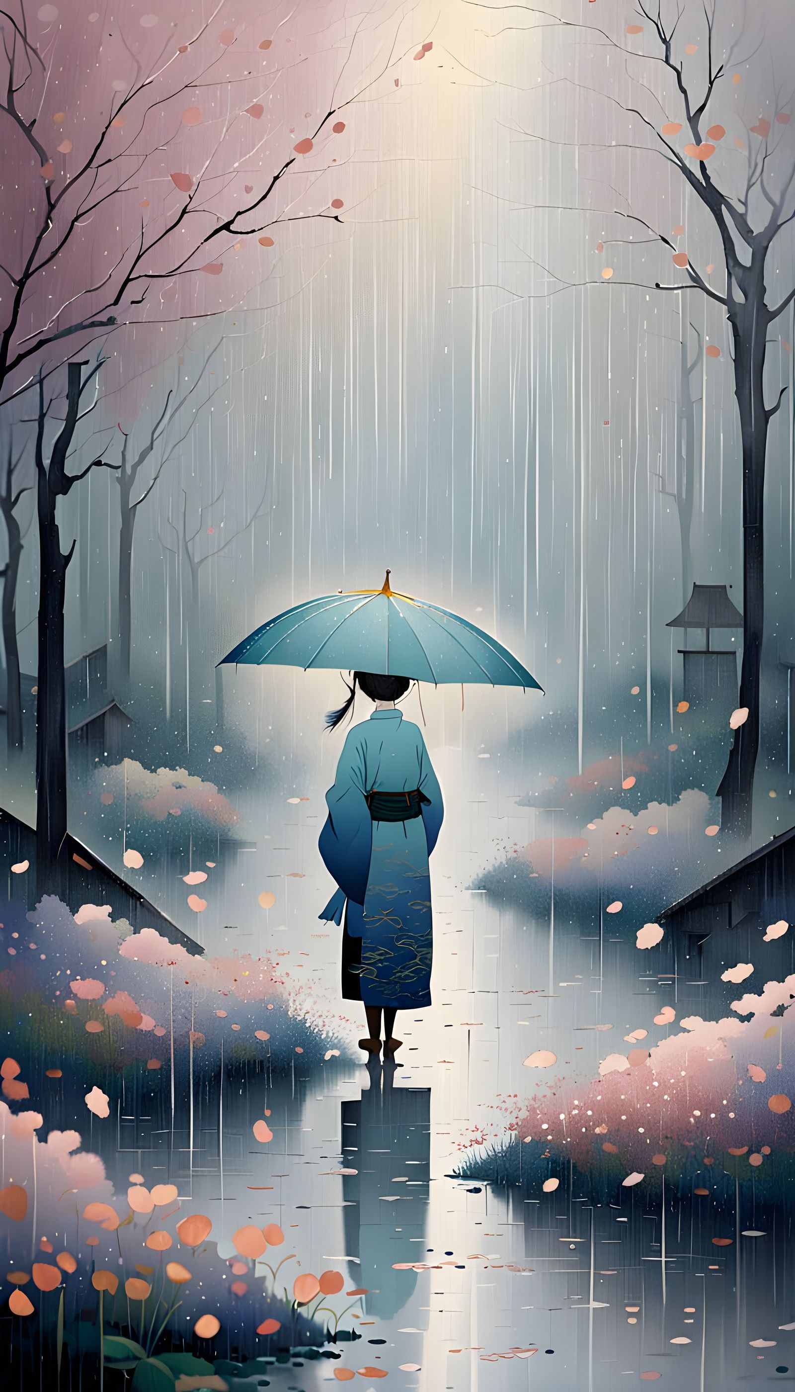Mysterious Oni Samurai in Kimono on a Rainy Floral Field