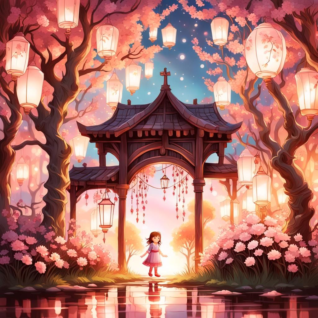 Enchanting Fairy Child Under Lantern Lit Willow Trees