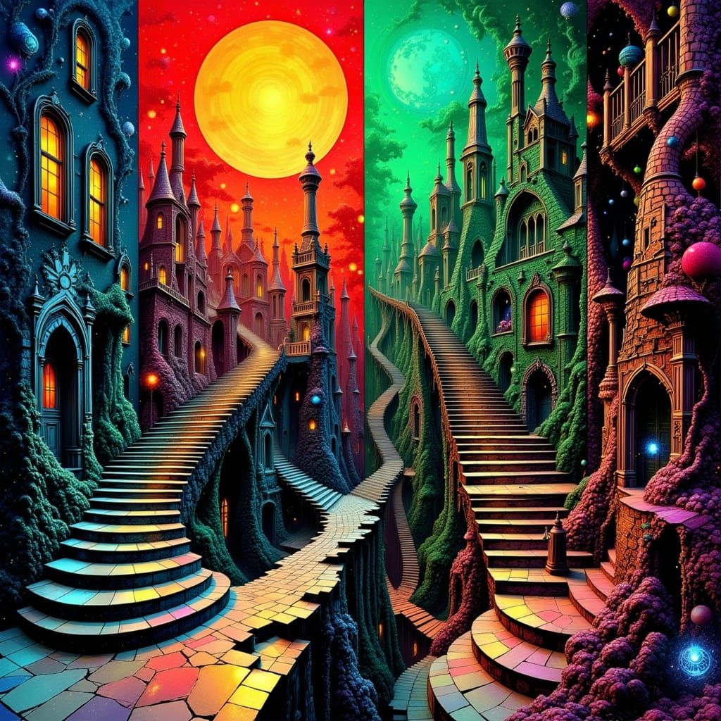 Surreal Cityscape with Impossible Stairs in Triadic Colors